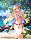  1girl bare_shoulders beach bead_bracelet beads bikini black_choker blonde_hair blue_eyes bracelet breasts cardfight!!_vanguard choker flower frilled_bikini frills fuzichoco hair_flower hair_ornament hairband holding jewelry long_hair looking_at_viewer medium_breasts multi-strapped_bikini navel ocean official_art outdoors school_etoile_olyvia solo sparkle standing stomach swimsuit thighs tree very_long_hair watermark white_bikini 