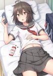  1girl ahoge bed bed_sheet blush breasts brown_eyes brown_hair cellphone commentary_request grey_skirt holding holding_phone hospital_bed indoors infirmary lying medium_hair nakamura_sumikage navel neckerchief on_back on_bed original phone pillow pleated_skirt red_neckwear sailor_collar school_uniform serafuku shirt short_sleeves skirt small_breasts smartphone solo white_shirt 