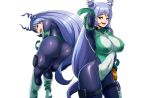  ass blue_eyes blue_hair bodysuit boku_no_hero_academia breasts cameltoe erect_nipples garter gloves hadou_nejire jmg long_hair skintight third-party_edit white 