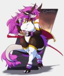  2020 absurd_res anthro big_breasts blue_eyes breasts cake cape clothing dessert dragon elizabeth_(girlsay) female food fruit hair hi_res horn kdhynamo long_hair melee_weapon on_one_leg pink_hair plant simple_background smile solo standing strawberry sword thick_thighs weapon wide_hips 