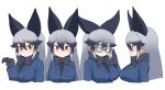  1girl animal_ears black_fur black_gloves black_neckwear blue_jacket blush bow bowtie extra_ears fox_ears fox_girl fur_collar glasses gloves grey_hair highres jacket kakanashi1 kemono_friends long_hair long_sleeves multicolored_hair multiple_views necktie no_eyewear profile silver_fox_(kemono_friends) silver_hair yellow_eyes 