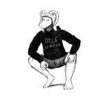  1:1 anthro bovid caprine clothing dragon_wick feet goat hi_res horn horny_goat male mammal meme monochrome shirt solo sweater text text_on_clothing text_on_shirt text_on_topwear topwear underwear 