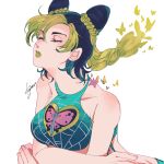  1girl animal_print artist_name birthmark black_hair braid bug butterfly butterfly_print closed_eyes crossed_arms double_bun eyebrows_visible_through_hair green_hair green_lipstick halter_top halterneck highres insect joestar_birthmark jojo_no_kimyou_na_bouken kogatarou kuujou_jolyne lipstick makeup multicolored_hair signature simple_background sleeveless solo star_(symbol) stone_ocean two-tone_hair white_background 