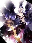  1boy absurdres angel_wings armor black_wings blue_eyes granblue_fantasy hair_between_eyes highres large_wings looking_at_viewer lucilius_(granblue_fantasy) male_focus multiple_wings seraph shoulder_armor silver_hair sword takamura_ryou topless_male weapon white_hair wings 