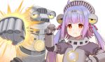  1girl ahoge bangs blue_hair brown_eyes clenched_hands duke_(kimurasun) eyebrows_behind_hair gradient_hair highres looking_at_viewer mecha mecha_musume multicolored_hair personification purple_hair rocket_punch sevenger tokusatsu twintails ultra_kaijuu_gijinka_keikaku ultra_series ultraman_z_(series) v-shaped_eyebrows yellow_eyes 