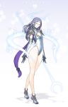  1girl armor artist_name bare_legs black_gloves blue_eyes breasts cleavage cleavage_cutout closed_mouth clothing_cutout earrings elbow_gloves floating glasses gloves glowing highres hong_soon-jae horns jewelry journey_to_the_west leotard light_purple_hair long_hair original pauldrons pink_lips polearm purple_hair round_eyewear shoulder_armor small_breasts smile solo spear standing weapon 