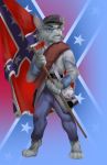  2019 american_civil_war anthro bag belt blue_eyes clothing confederate_flag confederate_states_of_america cup detailed_background eyebrows felid feline flag_background fur grey_body grey_fur hat headgear headwear hi_res holding_flag inner_ear_fluff lynx male mammal military military_cap military_clothing military_jacket military_pants military_uniform pimpartist pink_nose politics solo standing traditional_media_(artwork) tuft uniform 