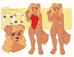  2020 anthro blonde_hair breasts brown_body brown_fur canid canine canis clothing domestic_dog female fur genitals hair hi_res luryry mammal model_sheet navel nipples off/on one-piece_swimsuit open_mouth pussy simple_background solo standing swimwear white_background yellow_background 