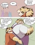  00murice 2020 anthro apron bottomwear clothing comic cooking english_text eyes_closed felid group hi_res hug hugging_from_behind kemono male mammal overweight overweight_male pantherine pants shirt text tiger topwear young 