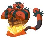  2020 abs anthro biceps claws crossed_arms fangs felid finger_claws green_eyes hi_res incineroar kumammoto_(artist) male mammal muscular muscular_anthro muscular_male nintendo pecs pok&eacute;mon pok&eacute;mon_(species) portrait pose quads sharp_teeth simple_background solo standing teeth three-quarter_portrait triceps video_games white_background yellow_sclera 