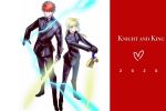  1boy 1girl ahoge artoria_pendragon_(all) black_suit blonde_hair emiya_shirou english_text excalibur fate/stay_night fate_(series) formal full_body garoshirou green_hair highres looking_at_viewer necktie planted_sword planted_weapon red_hair saber side-by-side suit sword weapon yellow_eyes 