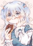  1girl alternate_costume bangs bespectacled blue_eyes blue_hair blue_nails crumbs dokkun0818 doughnut eyebrows_visible_through_hair flower food gawr_gura glasses hand_on_own_cheek hand_on_own_face holding holding_food hololive hololive_english licking_lips looking_down medium_hair multicolored_hair silver_hair solo streaked_hair tongue tongue_out two_side_up 
