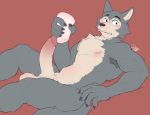  anthro armpit_hair balls beastars big_penis blush body_hair canid canine canis carlmorsking069 erection fur genitals grey_body grey_fur hi_res humanoid_genitalia humanoid_penis legoshi_(beastars) male mammal nude penis red_background sex_toy simple_background solo wolf 