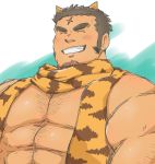  1boy abs animal_ears animal_print bara blush body_hair brown_hair chest_hair closed_eyes facial_hair facing_viewer hairy horns male_focus muscle oni_horns oniwaka_(tokyo_houkago_summoners) pectorals scar_on_forehead scarf short_hair sideburns sketch solo stubble thick_eyebrows tiger_print tokyo_houkago_summoners upper_body yanutorie yellow_scarf 