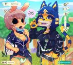  4_fingers animal_crossing ankha_(animal_crossing) anthro blue_eyes blue_hair blue_nose bottomwear breasts clothing coco_(animal_crossing) day domestic_cat duo face_mask felid feline felis female fingers freckles gui gyroid hair hi_res jacket mammal nintendo open_mouth outside panteon013 panties pawpads shirt shorts smile topwear tree underwear video_games yellow_body 