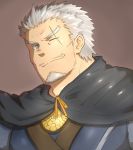  1boy arslan_senki bara cloak close-up face facial_hair goatee kubard looking_at_viewer male_focus one_eye_closed portrait scar scar_across_eye short_hair silver_eyes silver_hair smile solo stubble upper_body yanutorie 