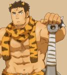  1boy :o abs alternate_costume animal_print bara bare_pecs body_hair bracelet brown_hair chest_hair club demon_horns facial_hair hand_on_weapon horns jewelry looking_at_viewer male_focus muscle navel nipples oni oni_horns oniwaka_(tokyo_houkago_summoners) pectorals planted_weapon scar_on_forehead short_hair sideburns solo spiked_bracelet spikes stomach stubble thick_eyebrows tiger_print tokyo_houkago_summoners upper_body weapon yanutorie yellow_sclera 