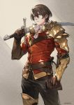  1boy armor artist_name belt bracer brown_eyes brown_gloves brown_hair commission elbow_gloves fur_trim gloves highres holding holding_sword holding_weapon jacket jun_(seojh1029) looking_away original pants red_jacket serious shirt short_hair shoulder_armor skeb_commission solo sword weapon white_shirt 