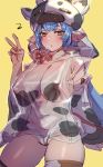  1girl animal_print bangs blue_hair blush bow_(bhp) breasts caundhula_(granblue_fantasy) covered_nipples cow_hat cow_print ear_piercing granblue_fantasy hand_up hood hoodie large_breasts long_hair looking_at_viewer nipples open_mouth piercing pointy_ears see-through short_shorts shorts simple_background solo thick_eyebrows v yellow_background yellow_eyes 