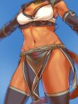  1girl avatar_(ff11) blue_background breasts cat_tail cleavage close-up dark-skinned_female dark_skin elbow_gloves final_fantasy final_fantasy_xi gloves gradient gradient_background grey_gloves loincloth medium_breasts midriff mithra_(ff11) navel solo tail thighs yuccoshi 