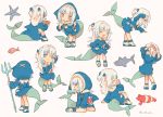  1girl adjusting_collar animal_hood arm_support blue_eyes blue_hoodie chibi clownfish crossed_legs curtsey fish_tail gawr_gura hair_brush hair_brushing highres hololive hololive_english hood hoodie leaning_forward lobster long_hair multicolored_hair multiple_girls music nintendo_switch playing_games polearm saya_(sayaya) shark shark_hood shark_tail simple_background singing sitting starfish streaked_hair tail trident twitter_username two_side_up v_over_eye watson_cross weapon white_background white_hair yawning 