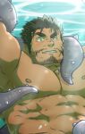  1boy abs bara beard black_hair chest_hair completely_nude dagon_(tokyo_houkago_summoners) facial_hair highres looking_at_viewer male_focus muscle navel nipples nude pectorals raised_eyebrow short_hair sideburns solo stomach stubble tentacles tentacles_on_male tokyo_houkago_summoners underwater upper_body yanutorie 