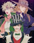  3boys abs aqua_eyes artist_name battle_tendency beard black_hair blonde_hair blue_eyes bow bowtie brown_hair caesar_anthonio_zeppeli character_name chromatic_aberration collared_shirt facial_hair facial_mark feathers fingerless_gloves formal gloves goggles goggles_on_headwear green_eyes green_jacket green_neckwear gyro_zeppeli hair_feathers hat headband highres jacket jojo_no_kimyou_na_bouken kogatarou lipstick long_hair makeup male_focus multiple_boys muscle mustache parted_lips phantom_blood pink_scarf popped_collar scarf shirt short_hair signature simple_background smile steel_ball_run suit top_hat vest white_shirt will_anthonio_zeppeli yellow_lipstick 