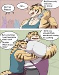  00murice 2020 anthro apron barazoku bottomwear clothing comic cooking english_text eyes_closed felid group hi_res hug hugging_from_behind kemono male mammal muscular muscular_male overweight overweight_male pantherine pants shirt text tiger topwear 