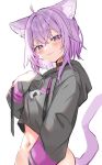  1girl ahoge animal_ears black_choker black_hoodie blush bottomless cat_ears cat_pendant cat_tail choker collar cowboy_shot eyebrows_visible_through_hair hand_on_own_chest highres hololive hood hoodie hoodie_lift looking_at_viewer navel nekomata_okayu onigiri_print pendant_choker purple_eyes purple_hair satoupote simple_background sleeves_past_fingers sleeves_past_wrists smile solo tail white_background 