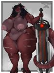  anthro areola big_breasts black_hair breasts dragon hair hi_res holding_breast holding_object holding_sword holding_weapon huge_breasts melee_weapon nude scar skarlett_cynder skarlett_cynder_(artist) sword thick_thighs weapon 