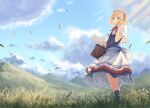  1girl adapted_costume alice_margatroid apron bangs basket blonde_hair blue_dress blue_eyes blue_legwear bow breasts capelet closed_mouth cloud cloudy_sky commentary crossed_legs day dress eyebrows_behind_hair feet_out_of_frame field floating_hair from_below grass hairband hands_up hill holding holding_basket kneehighs landscape leaf light_blush light_rays lolita_hairband ookashippo outdoors picnic_basket red_hairband red_neckwear ribbon-trimmed_capelet sash scenery short_hair sky small_breasts solo standing touhou upskirt watson_cross white_apron white_bow white_capelet white_sash wind 