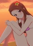  1girl beach bikini blush brown_hair cloud flower hair_flower hair_ornament highres idolmaster idolmaster_(classic) jabara_tornado long_hair looking_at_viewer minase_iori ocean outdoors pink_bikini red_eyes sitting smile solo sunset swimsuit 