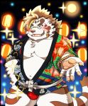  2020 absurd_res anthro blue_eyes blush bulge clothing eyewear felid fur glasses happi_(clothing) hi_res humanoid_hands kemono licho_(tas) male mammal night overweight overweight_anthro overweight_male pantherine solo tiger tokyo_afterschool_summoners underwear video_games white_body white_fur wiizeru3950 