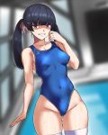  1girl alternate_hairstyle ass_visible_through_thighs black_hair blue_eyes blue_swimsuit blurry breasts commentary_request competition_swimsuit cowboy_shot danchino depth_of_field grin hair_ornament hairclip highres long_hair looking_at_viewer nijisanji one-piece_swimsuit rei_no_pool shaded_face small_breasts smile solo standing swimsuit thigh_gap thighhighs tsukino_mito twintails virtual_youtuber white_legwear 