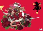  absurdres armello blue_eyes brown_eyes cape dagger dual_wielding fan fangs flower folding_fan furry gloves highres holding holding_sword holding_weapon hood komoking long_sleeves makeup mask piercing ponytail rat red_background red_gloves rose sword tongue tongue_out torch weapon 