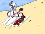  4:3 absol absurd_res anthro big_breasts breasts canid canine clothed clothing duo female hair hi_res looking_at_viewer male male/female mammal nintendo nipples pandora_shade pok&eacute;mon pok&eacute;mon_(species) simple_background sleepingbrim_(artist) smile video_games 