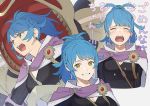  1girl black_bodysuit blue_hair bodysuit cape closed_eyes crying exoskeleton fire_emblem fire_emblem_heroes hair_behind_ear kyufe looking_at_viewer looking_up multiple_views open_mouth pilot_suit ponytail reginn_(fire_emblem) smile tied_hair v-shaped_eyebrows yellow_eyes 