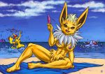  2020 3_toes 4_fingers ambiguous_gender ambiguous_species anthro areola beach beach_towel bikini bikini_top breasts brown_eyes brown_sclera cassidy_volt_(swordfox) cleft_tail clothing cloud disembodied_hand eeveelution female fingers food genitals group hair jolteon nintendo nipples nude open_mouth pikachu pink_areola pink_nipples pok&eacute;mon pok&eacute;mon_(species) pok&eacute;morph ponytail popsicle purple_hands pussy red_hair running s-nina sand sea seaside signature sitting sky splashing swimwear teeth tentacruel toes tongue tongue_out towel video_games water watermark yellow_body 