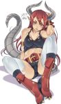  1girl armband bare_shoulders blush brown_eyes collarbone dated dragon_girl dragon_horns dragon_tail fangs fangs_out hair_between_eyes highres horns kuma_(jk0073) light_blush long_hair original parted_lips pointy_ears red_footwear red_hair signature simple_background sitting solo tail torn torn_clothes torn_legwear white_background zipper zipper_pull_tab 