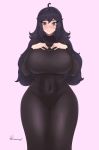  1girl absurdres black_dress breasts curvy dress fraankyy hands_on_own_chest hex_maniac_(pokemon) highres huge_breasts large_breasts long_dress looking_at_viewer nail_polish penis penis_under_clothes pokemon purple_eyes purple_hair socks solo standing thick_thighs thighs wide_hips 