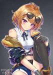  1girl absurdres bare_shoulders blush breasts brown_hair girls_frontline grizzly_mkv_(girls_frontline) highres making-of_available medium_breasts navel potato_tacos purple_eyes short_hair short_shorts shorts sleeveless smile solo thighhighs video_available 