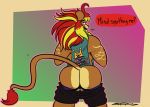  anthro butt clothed clothing felid hair lion male mammal multicolored_hair pantherine pants_down partially_clothed sebastian_(zackdadawg) shirt solo text text_on_clothing text_on_shirt text_on_tank_top text_on_topwear topwear zackdadawg 