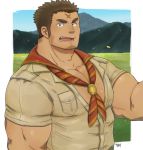  1boy alternate_costume bara bare_pecs beige_shirt body_hair brown_hair bursting_pecs chest_hair collared_shirt facial_hair looking_at_viewer male_focus mountain muscle oniwaka_(tokyo_houkago_summoners) open_clothes open_mouth open_shirt partially_unbuttoned pectorals petals sailor_collar scar_on_forehead shirt short_hair sideburns simple_background solo stubble thick_eyebrows tokyo_houkago_summoners upper_body yanutorie 