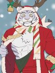  3:4 abs antlers bell chest_tuft christmas christmas_clothing christmas_headwear clothed clothing felid fur headgear headwear hi_res holidays horn looking_at_viewer male mammal muscular muscular_male open_clothing orange_eyes pantherine pecs scarf shirako shiro_(world_flipper) snow solo striped_body striped_fur stripes tiger tuft whiskers white_body white_fur world_flipper yellow_sclera 