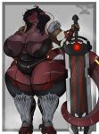  anthro areola armor big_breasts black_hair breasts dragon garter_straps hair hi_res holding_breast holding_object holding_sword holding_weapon huge_breasts melee_weapon scar skarlett_cynder skarlett_cynder_(artist) sword thick_thighs weapon 