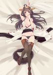  1girl ahoge alakoala black_panties boots brown_hair brown_skirt commentary_request dakimakura_(medium) detached_sleeves double_bun full_body hairband headgear highres jewelry kantai_collection kongou_(kantai_collection) long_hair looking_at_viewer lying nipple_slip nipples no_bra panties pleated_skirt ribbon-trimmed_sleeves ribbon_trim ring skirt skirt_removed solo thigh_boots thighhighs underwear wedding_band 