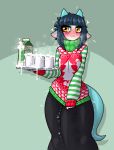  anthro big_penis blue_(limebreaker) blush bodily_fluids breasts bulge christmas christmas_clothing cleavage clothed clothing cum cum_in_a_cup cum_in_container dragon erection erection_under_clothing genital_fluids genital_outline genitals gynomorph hi_res holidays horn huge_penis intersex limebreaker penis penis_outline solo 