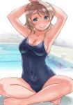  1girl armpits arms_behind_head arms_up bangs bare_arms bare_shoulders blue_eyes blue_swimsuit blush breasts brown_hair cameltoe cleavage collarbone competition_school_swimsuit covered_navel eyebrows_visible_through_hair eyelashes gonta_(gshoutai) grin groin highres light_brown_hair looking_at_viewer lotus_position love_live! love_live!_sunshine!! medium_breasts narrow_waist one-piece_swimsuit pool poolside raised_eyebrows school_swimsuit short_hair sitting skin_tight skindentation smile solo spaghetti_strap swept_bangs swimsuit teeth watanabe_you wide_hips 