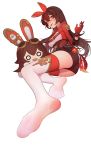  2girls :p absurdres amber_(genshin_impact) animal_ears ass baron_bunny blush breasts brown_hair brown_shorts bunny_ears cleavage cropped_jacket feet foot_focus full_body genshin_impact gloves hair_ornament highres jiachong_jun_z long_hair long_sleeves looking_at_viewer multiple_girls open_clothes pouch short_shorts shorts simple_background soles sweat thighhighs toes tongue tongue_out white_background white_legwear yellow_eyes 