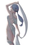  1girl arm_up back bare_arms bare_shoulders brown_eyes dress from_behind grey_hair highres long_hair looking_at_viewer looking_back original pointy_ears ponytail revealing_clothes saiste shawl shoulder_blades simple_background smile solo thighs white_background white_dress 